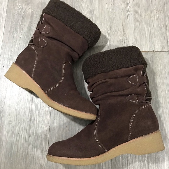 Lands End Brown Suede “Chalet” Mid Calf Wedge Heel Faux Shearling Lined Boots - Picture 6 of 8